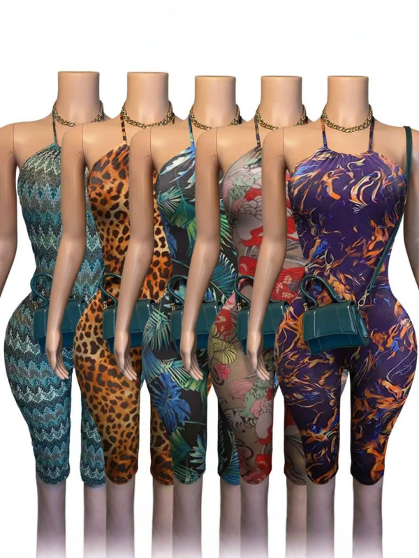 Printed elastic hanging neck backless jumpsuit YM59055