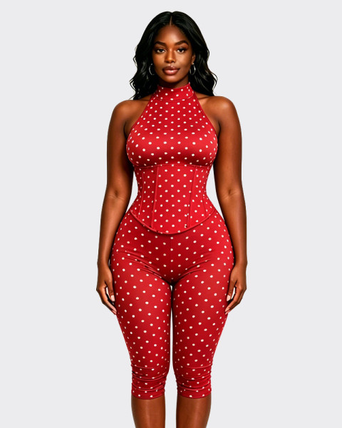 Hanging neck fishbone waist zipper seven piece jumpsuit (fake two pieces) YM59111