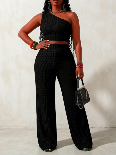 One shoulder cropped short top+wide leg pants two-piece set A1041036132695