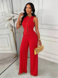 Asymmetric button sleeveless top+wide leg pants two-piece set Q1059775147346