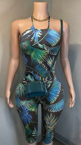Printed elastic hanging neck backless jumpsuit YM59055