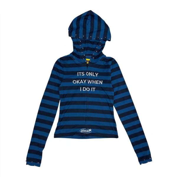 Striped zipper hooded top five quarter pants set S1062