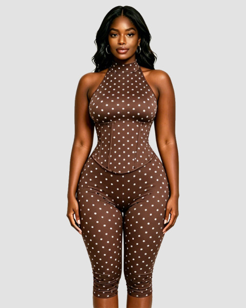 Hanging neck fishbone waist zipper seven piece jumpsuit (fake two pieces) YM59111