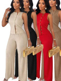 Asymmetric button sleeveless top+wide leg pants two-piece set Q1059775147346