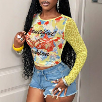 Butterfly print mesh short top leopard print long sleeved see through crop top T-shirt S1068