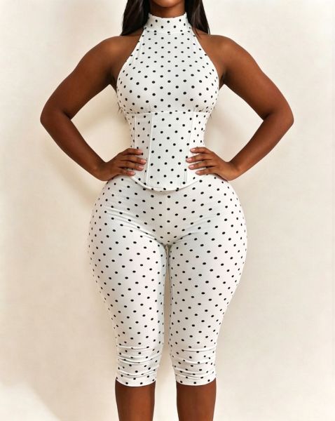 Hanging neck fishbone waist zipper seven piece jumpsuit (fake two pieces) YM59111