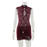 Hollow lace patchwork pleated waist bag and hip dress KP11874