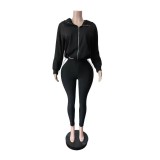 Zipper hooded short jacket, high waisted tight pants set FC1605