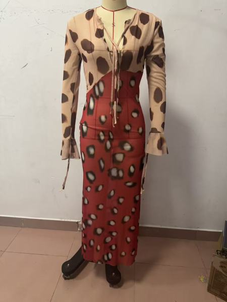 Mesh printed lace up long sleeved dress G561