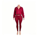 Zipper hooded short jacket, high waisted tight pants set FC1605