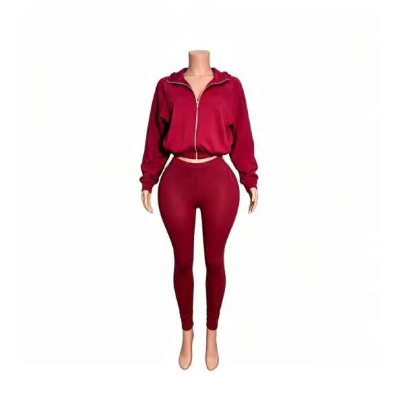 Zipper hooded short jacket, high waisted tight pants set FC1605