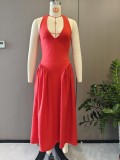 High waisted hanging neck solid color long skirt A807393066019