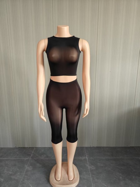 High elasticity bright perspective sleeveless top+mid pants 2-piece set FF1527