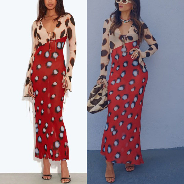 Mesh printed lace up long sleeved dress G561