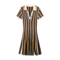 POLO collar knitted contrasting striped short sleeved dress A1045026591948