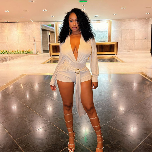 Deep V-design tie up waist cinching long sleeved jumpsuit J26RP450