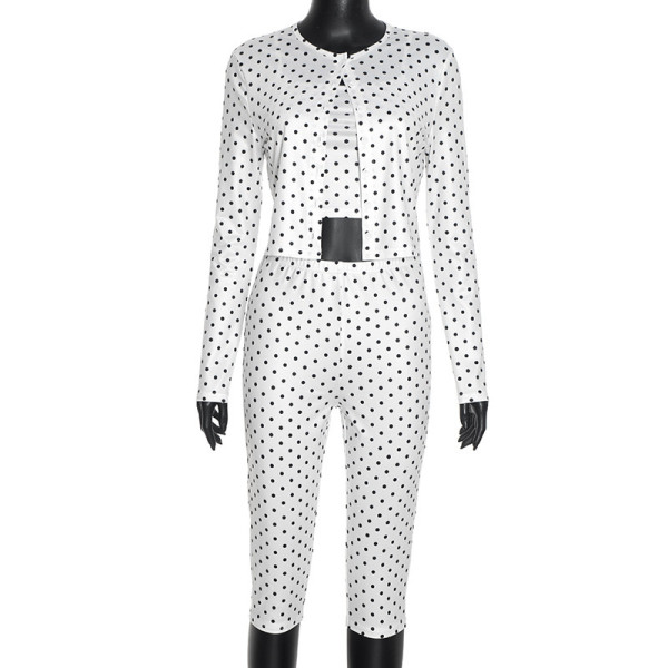 Polka dot long sleeved cardigan with camisole inside, cropped pants set J26ST349