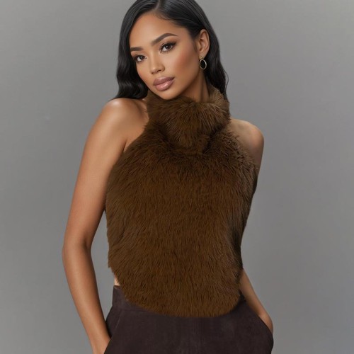 Light sensitive fur high neck big open back hanging neck top J25TP296