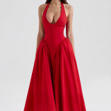 High waisted hanging neck solid color long skirt A807393066019