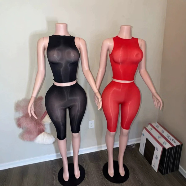 High elasticity bright perspective sleeveless top+mid pants 2-piece set FF1527