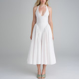 High waisted hanging neck solid color long skirt A807393066019
