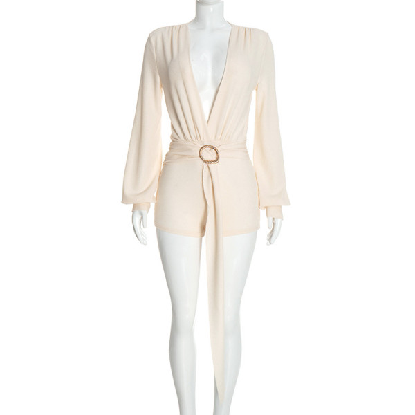 Deep V-design tie up waist cinching long sleeved jumpsuit J26RP450