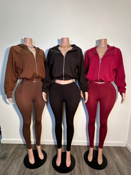 Zipper hooded short jacket, high waisted tight pants set FC1605