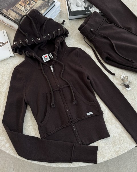 Hooded short zipper hoodie with ruffle edge and slightly flared pants set A1076110888491