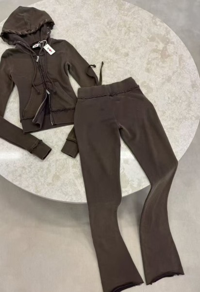 Hooded short zipper hoodie with ruffle edge and slightly flared pants set A1076110888491