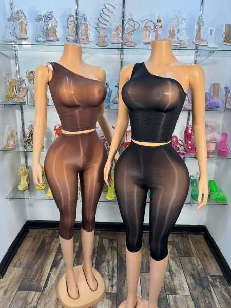 High elasticity bright perspective long sleeved top+mid pants 2-piece set FF1528