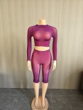 High elasticity bright perspective long sleeved top+mid pants 2-piece set FF1529