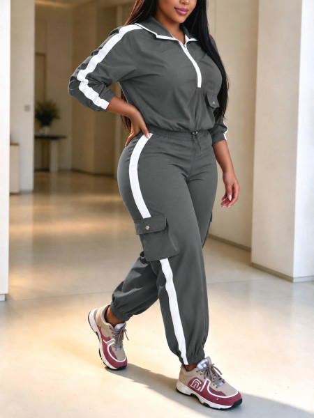 Hooded zipper long sleeved ankle binding workwear pocket pants two-piece set MC009