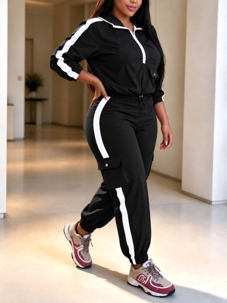 Hooded zipper long sleeved ankle binding workwear pocket pants two-piece set MC009