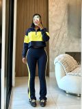 Zipper lapel top patchwork color hoodie+high waisted slightly flared pants two-piece set A1090545829864