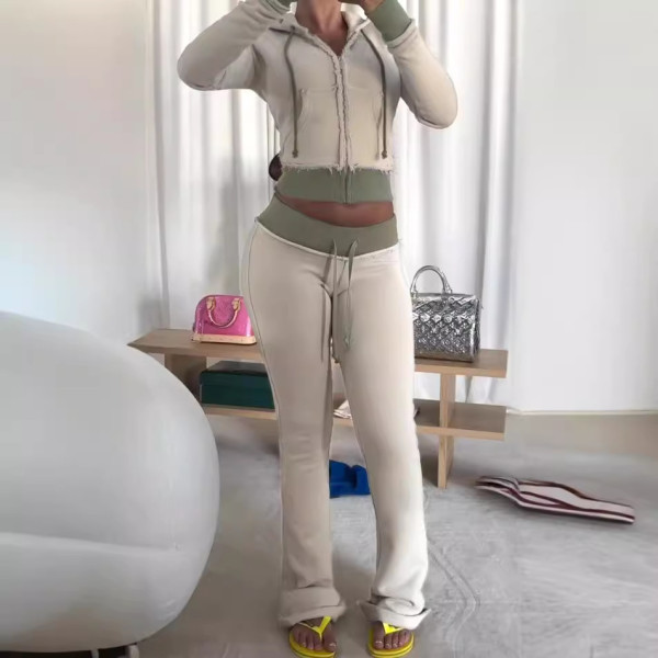 Hooded short zipper hoodie with ruffle edge and slightly flared pants set A1076110888491