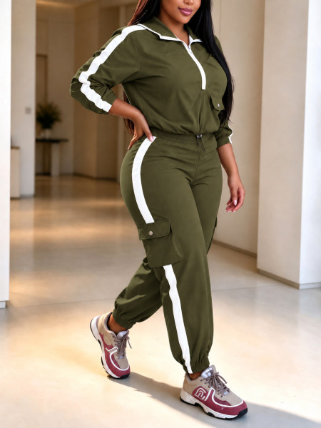 Hooded zipper long sleeved ankle binding workwear pocket pants two-piece set MC009