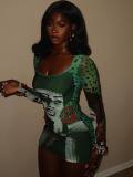 Mesh printed long sleeved hip hugging dress A1058706988534