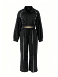 Jacket splicing strip stand collar zipper short jacket+splicing pants two-piece set A1089658005301