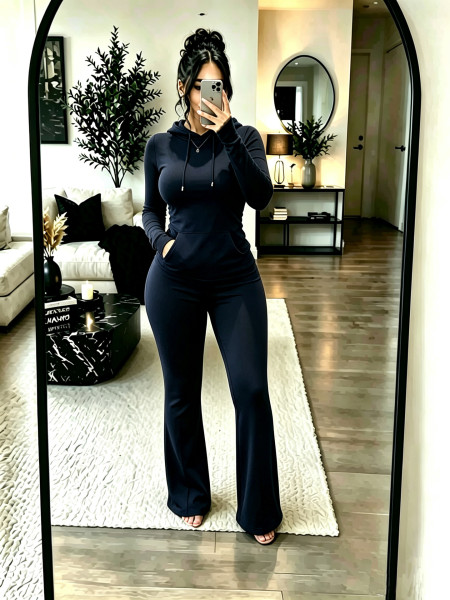 Hoodie sweatshirt kangaroo pocket top, tight fitting micro flared pants two-piece set A1086824579743