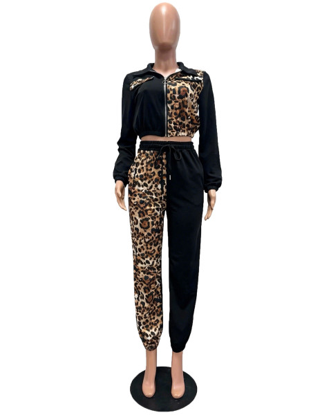 Leopard print splicing color blocking set CM60923