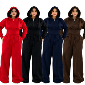 Zipper pocket drawstring pleated hooded chicken eye strap wide leg pants sports set CM60107