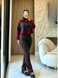 Zipper lapel top patchwork color hoodie+high waisted slightly flared pants two-piece set A1090545829864