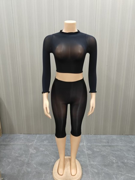 High elasticity bright perspective long sleeved top+mid pants 2-piece set FF1529
