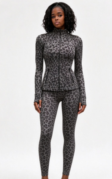 Leopard print long sleeved zipper top tight pants set A1089111872433