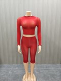 High elasticity bright perspective long sleeved top+mid pants 2-piece set FF1529
