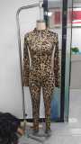 Leopard print long sleeved zipper top tight pants set A1089111872433