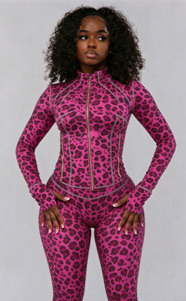 Leopard print long sleeved zipper top tight pants set A1089111872433