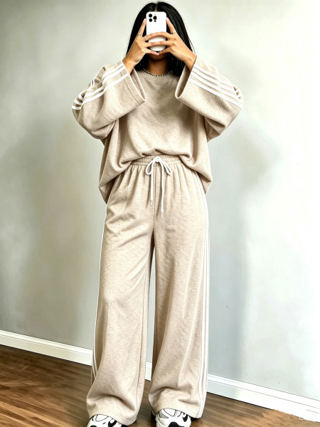 Loose patchwork round neck long sleeved top+patchwork wide leg pants two-piece set A1090686588747