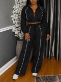 Jacket splicing strip stand collar zipper short jacket+splicing pants two-piece set A1089658005301