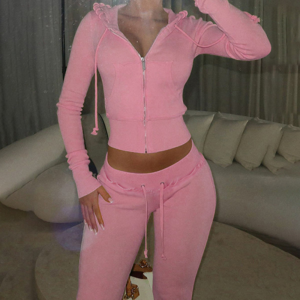 Hooded short zipper hoodie with ruffle edge and slightly flared pants set A1076110888491